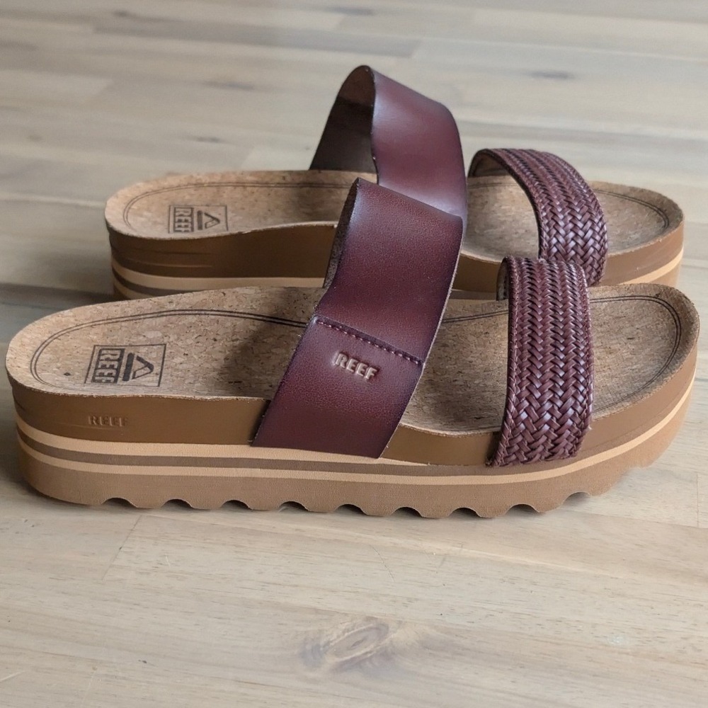 REEF Cushion Vista Hi Mahogany Brown Braided Platform Slide Sandals Size 8 - Picture 3 of 8